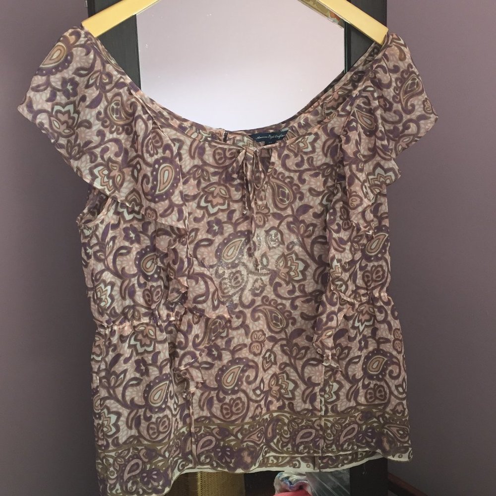 American Eagle Outfitters Sheer Ruffled Sleeveless Blouse
